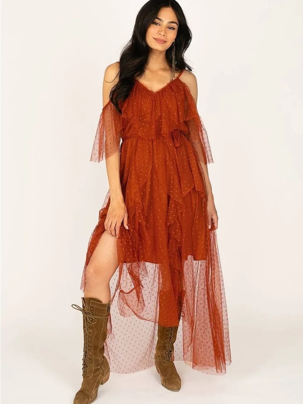 Joyfolie Rust Orange Cold-Shoulder High-Low Maxi Dress